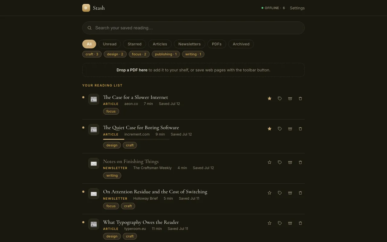Stash Reader app interface